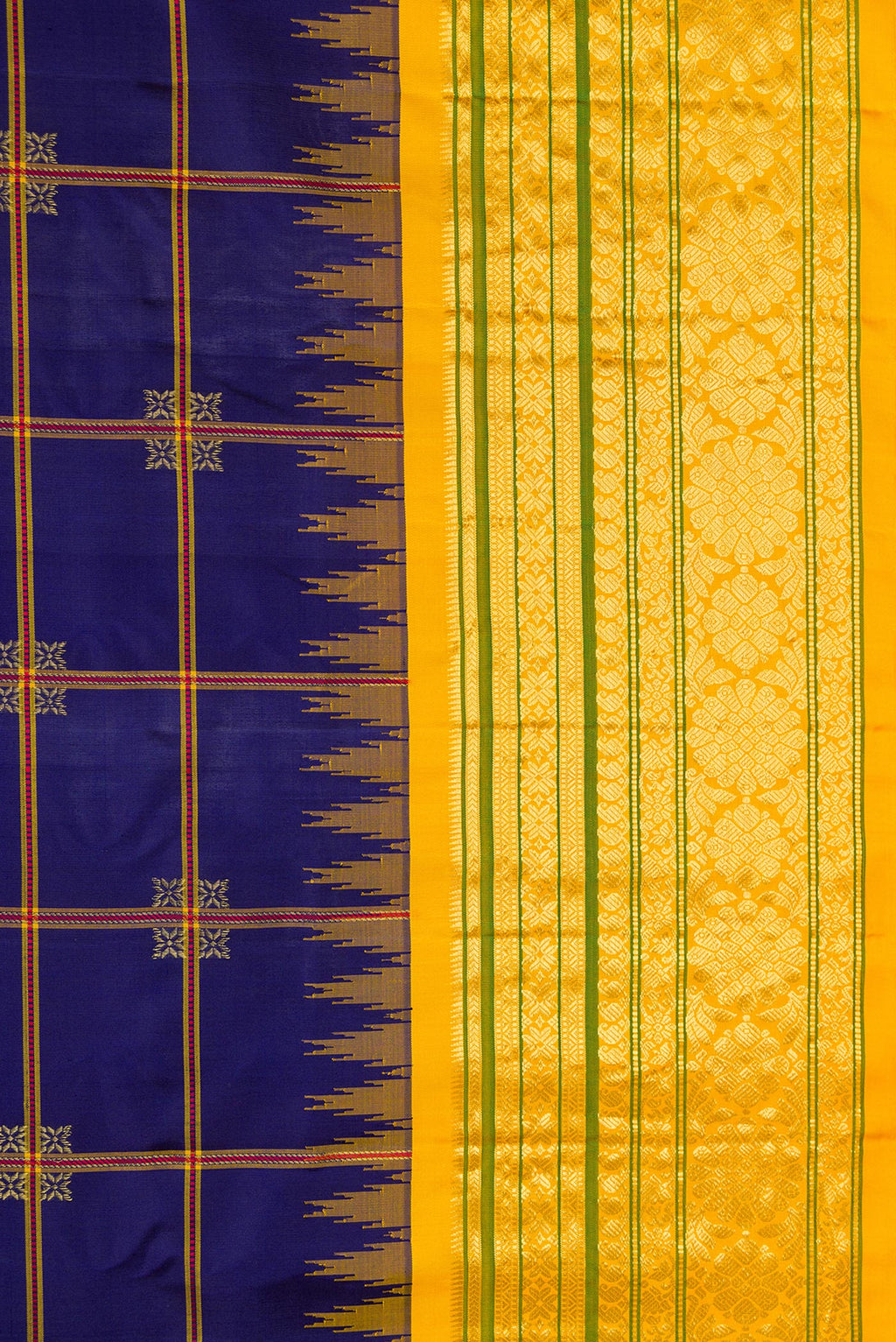 Border image of Navy Blue Dual Tone Gadwal Silk Saree with Checked design on the body and Temple Border. 