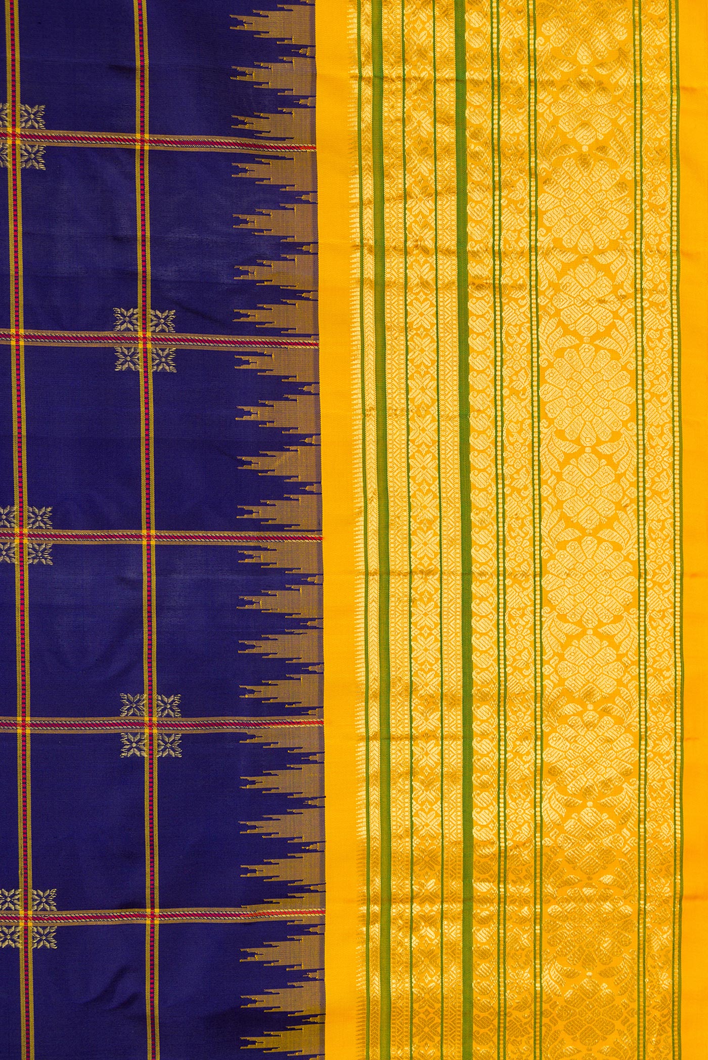 Border image of Navy Blue Dual Tone Gadwal Silk Saree with Checked design on the body and Temple Border. 