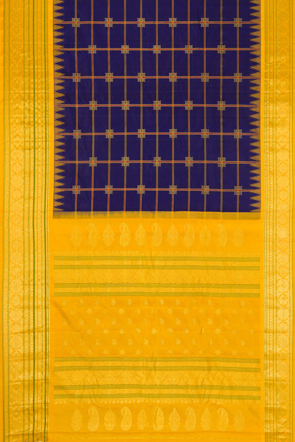 Flat view of Navy Blue Dual Tone Gadwal Silk Saree with Checked design on the body and Temple Border. 