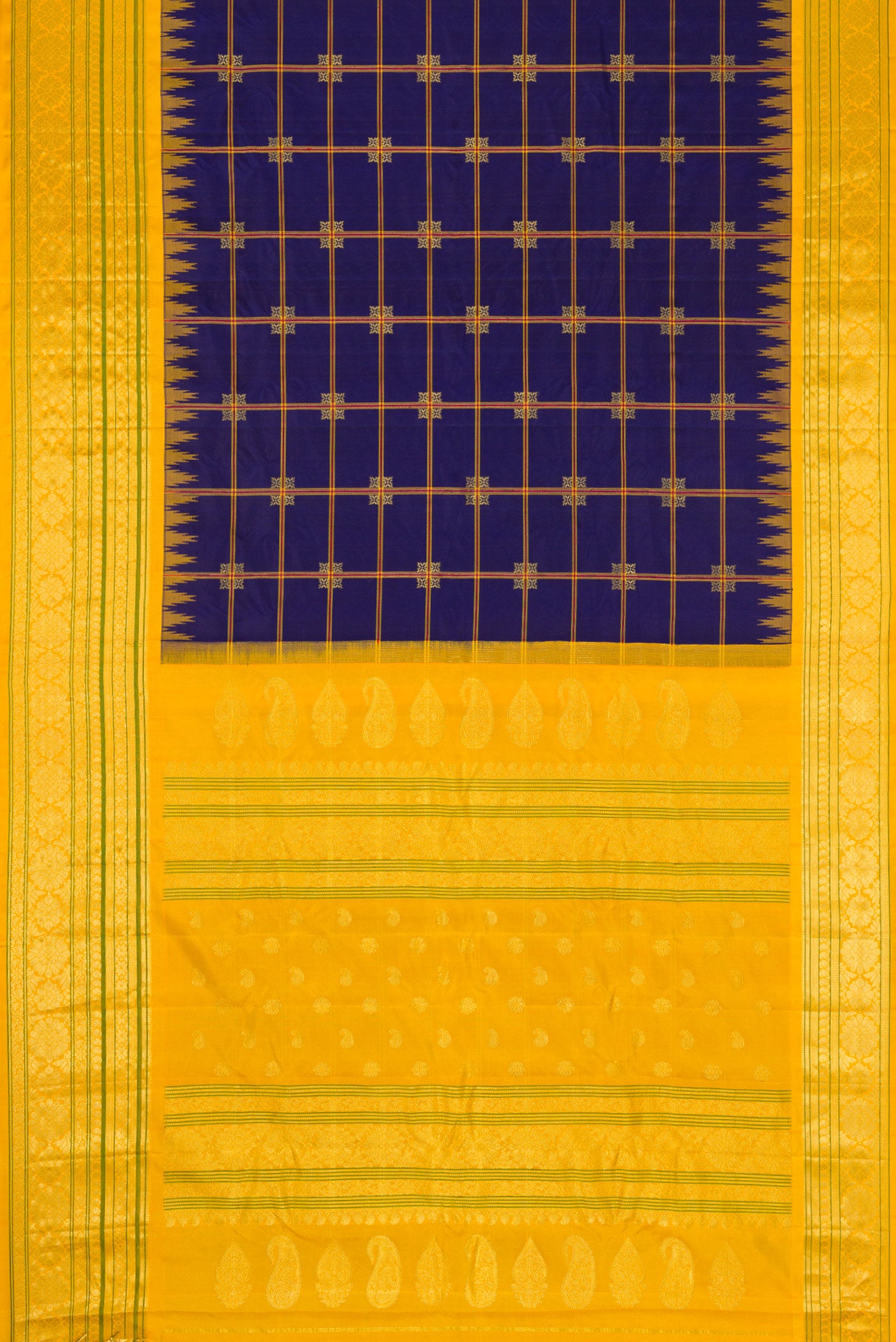 Flat view of Navy Blue Dual Tone Gadwal Silk Saree with Checked design on the body and Temple Border. 