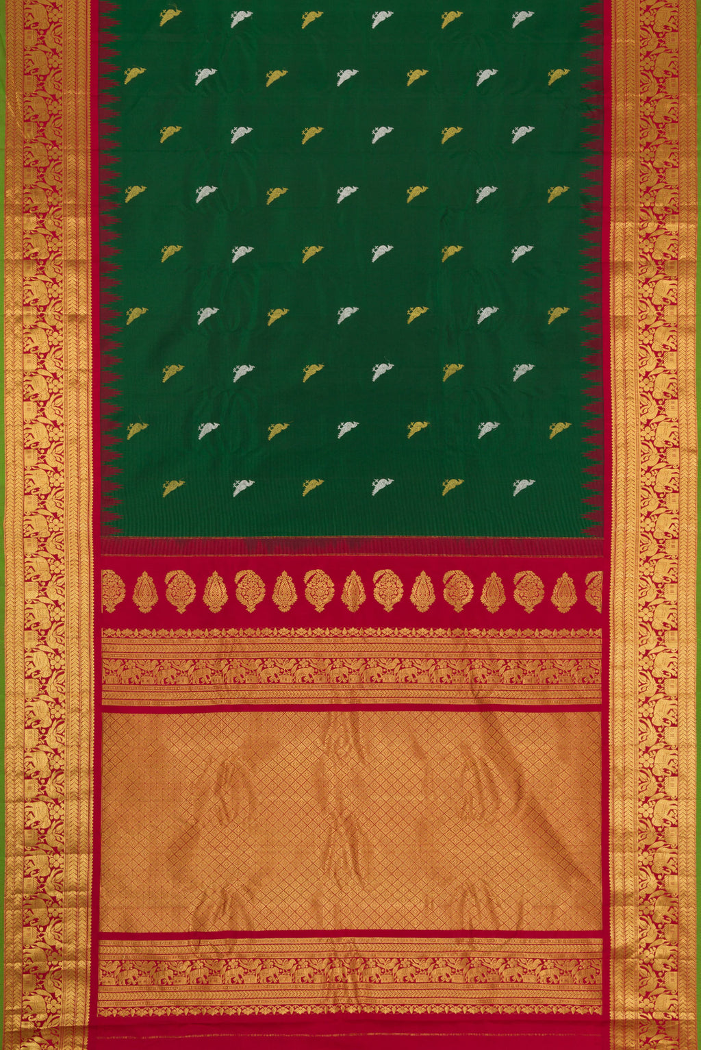 Flat view of Bottle Green Dual Tone Gadwal Silk Saree with Zari Butta on the body and Zari Border. 