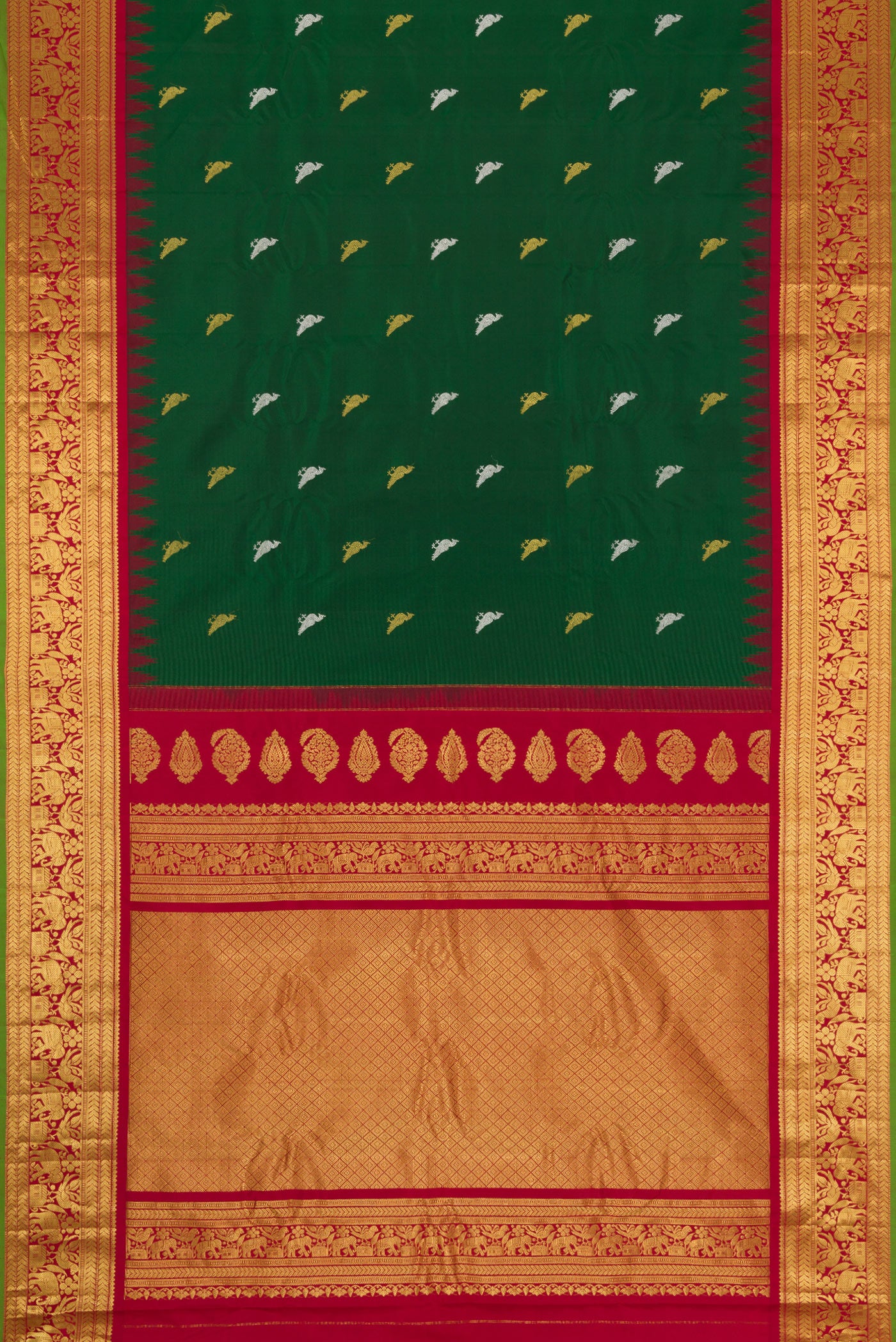 Flat view of Bottle Green Dual Tone Gadwal Silk Saree with Zari Butta on the body and Zari Border. 
