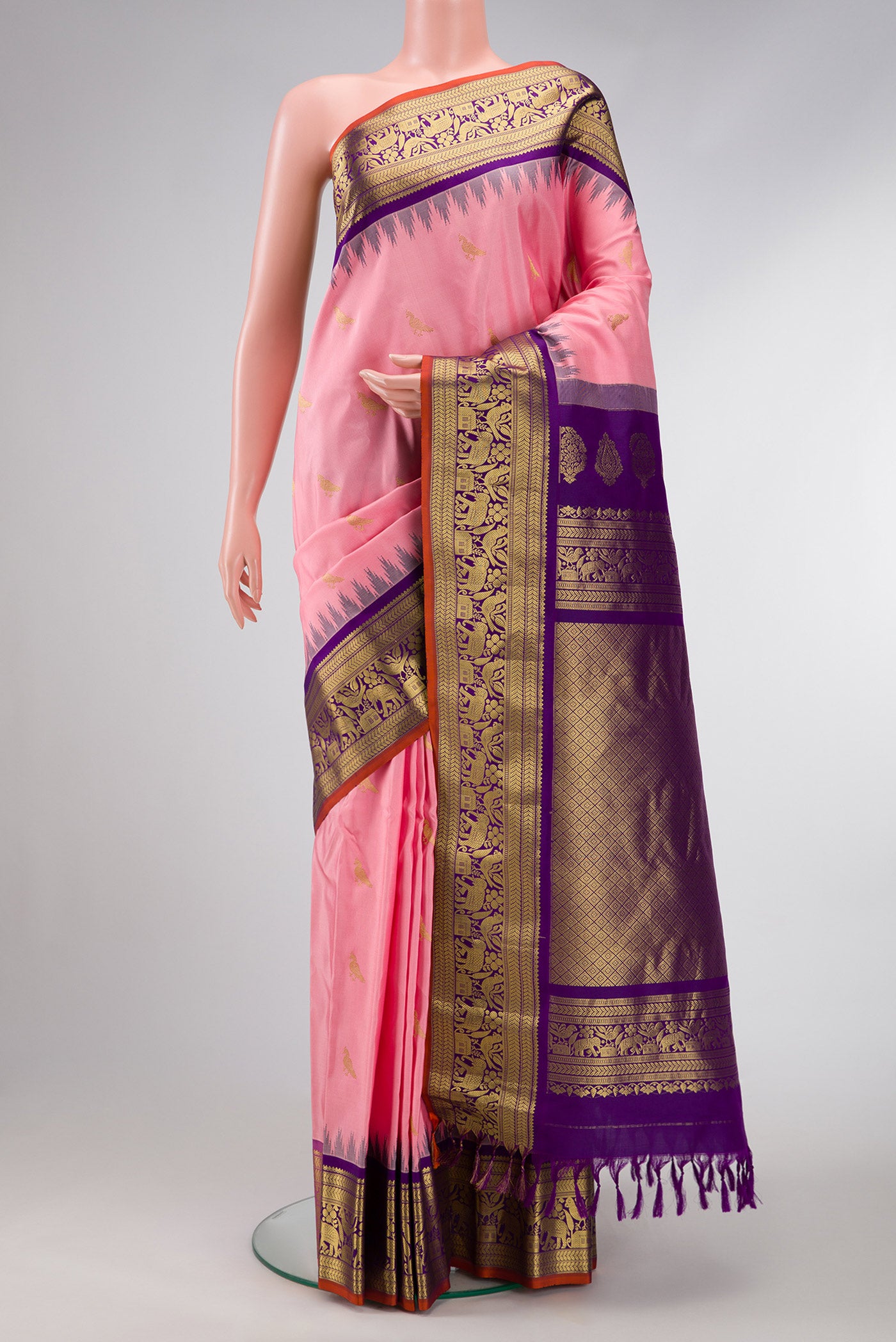 Pink Dual Tone Gadwal Silk Saree with Zari Butta on the body and Zari Border.  displayed on a mannequin