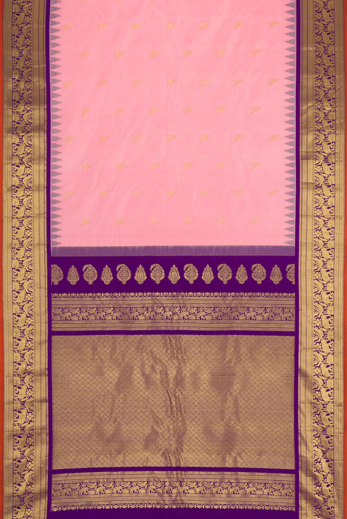 Flat view of Pink Dual Tone Gadwal Silk Saree with Zari Butta on the body and Zari Border. 