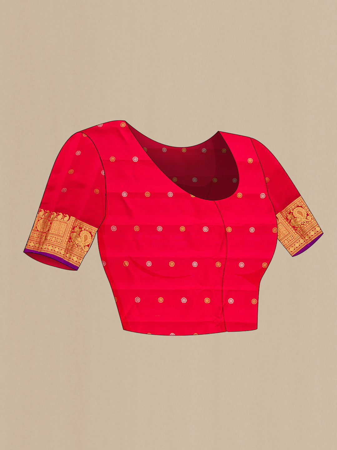 Close up image of the blouse of Beige Dual Tone Gadwal Silk Saree with Zari Butta on the body and Zari Border. 