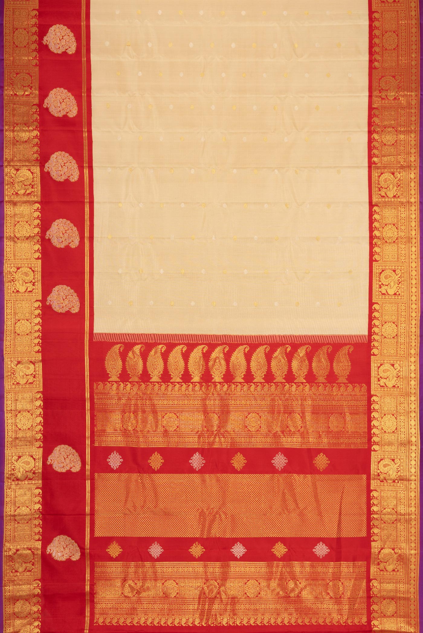 Flat view of Beige Dual Tone Gadwal Silk Saree with Zari Butta on the body and Zari Border. 