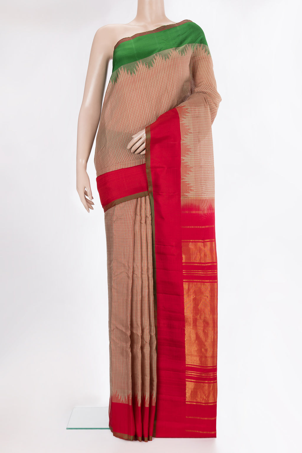 Pure Silk Dark Beige Dual Tone Gadwal Saree with Checked design on the body and Zari Border.  displayed on a mannequin