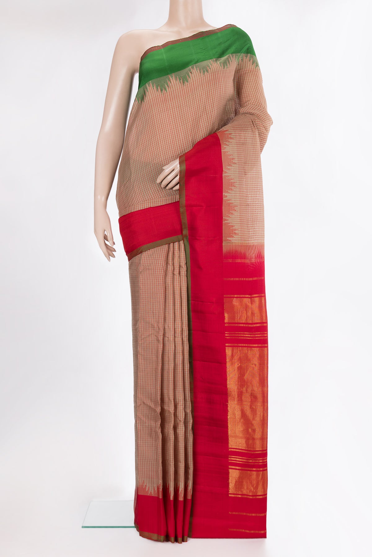 Pure Silk Dark Beige Dual Tone Gadwal Saree with Checked design on the body and Zari Border.  displayed on a mannequin