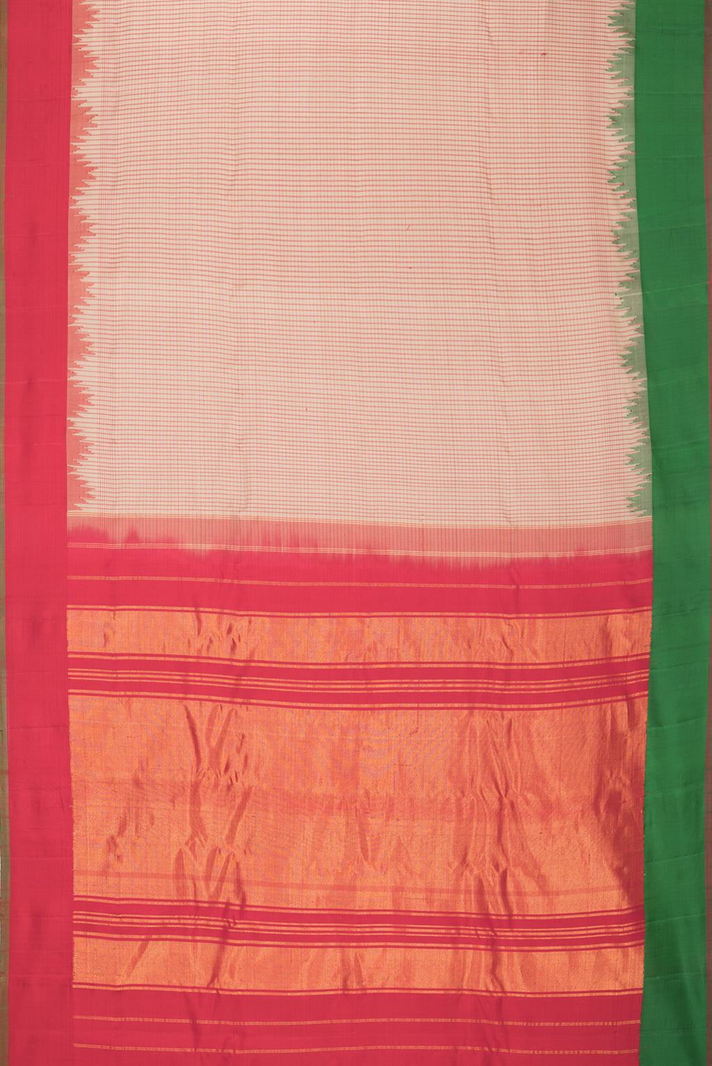 Flat view of Pure Silk Dark Beige Dual Tone Gadwal Saree with Checked design on the body and Zari Border. 