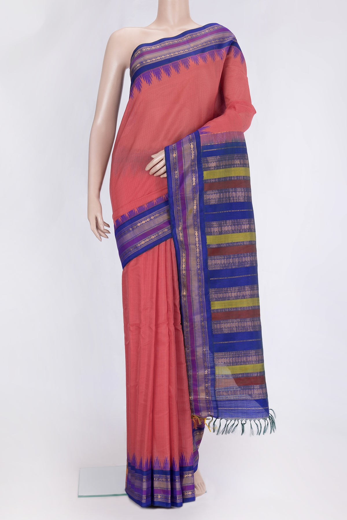Pink Dual Tone Gadwal Silk Saree with Checked design on the body and Zari Border.  displayed on a mannequin