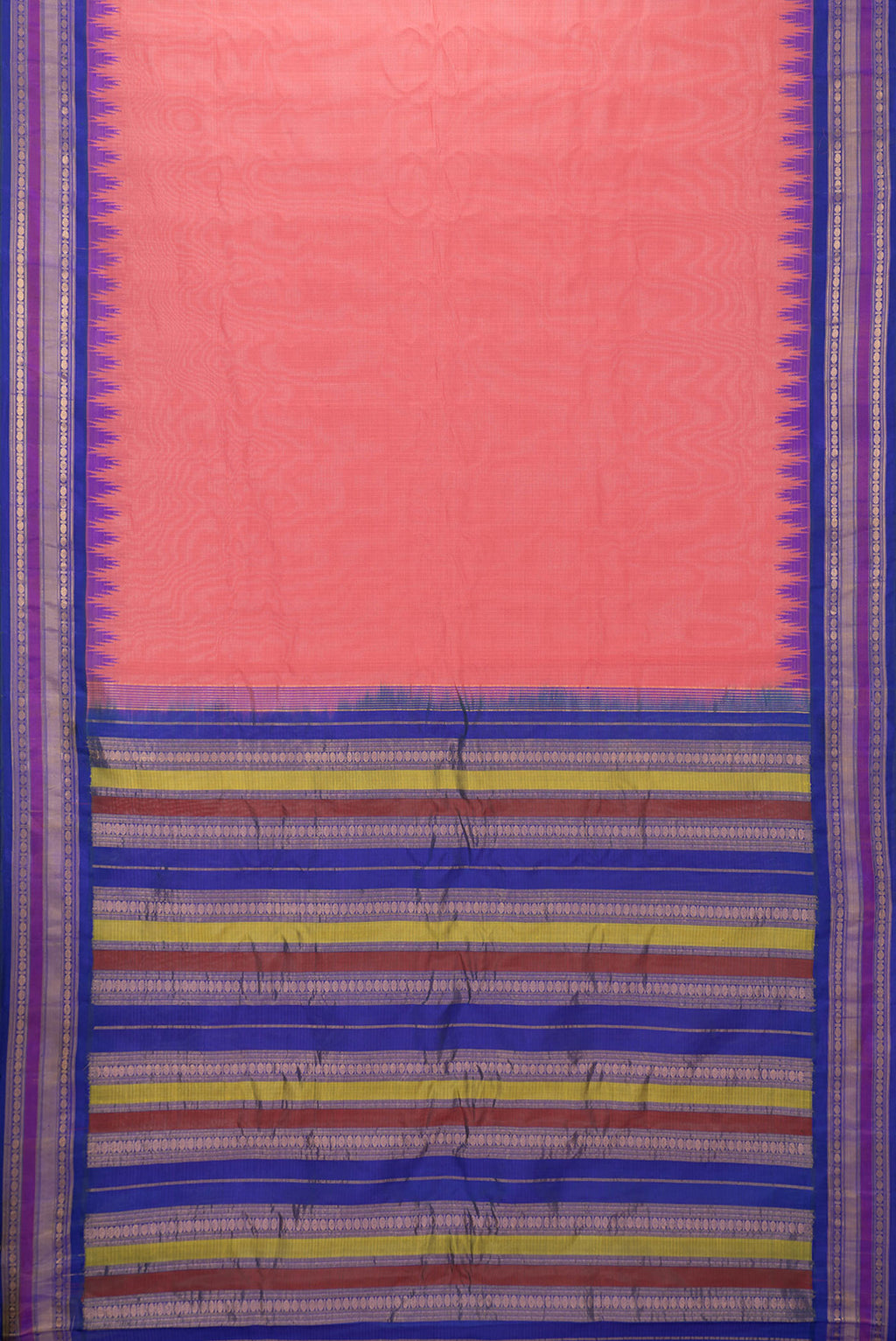 Flat view of Pink Dual Tone Gadwal Silk Saree with Checked design on the body and Zari Border. 