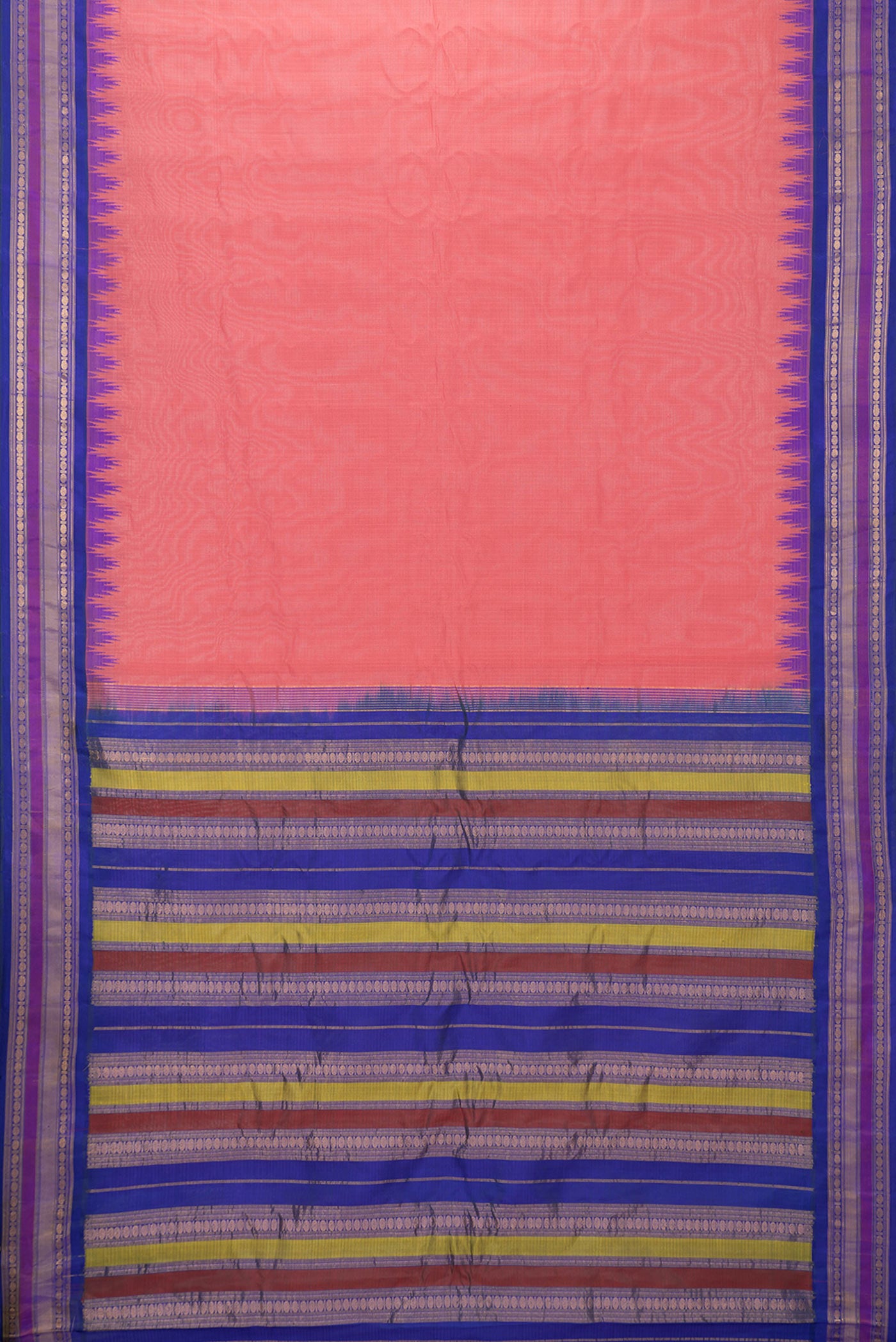 Flat view of Pink Dual Tone Gadwal Silk Saree with Checked design on the body and Zari Border. 