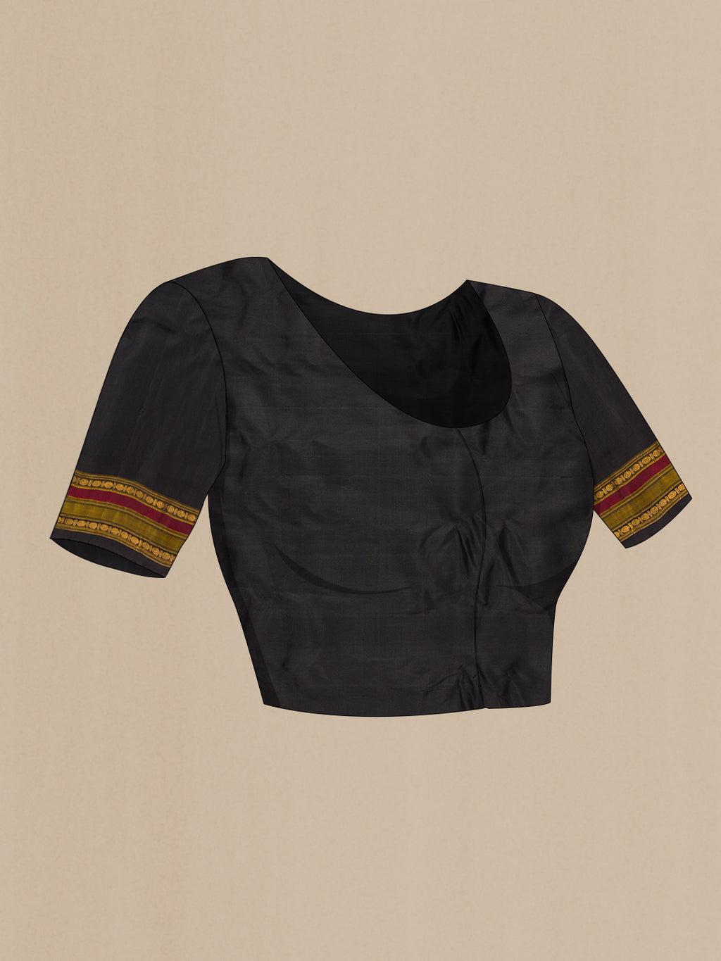 Close up image of the blouse of White Gadwal Silk Cotton Saree with Stripes on the body and Zari Border. 