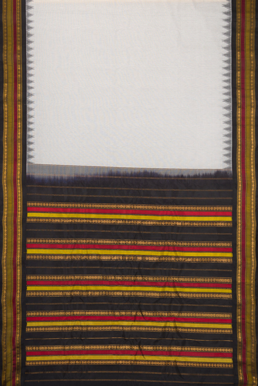 Flat view of White Gadwal Silk Cotton Saree with Stripes on the body and Zari Border. 