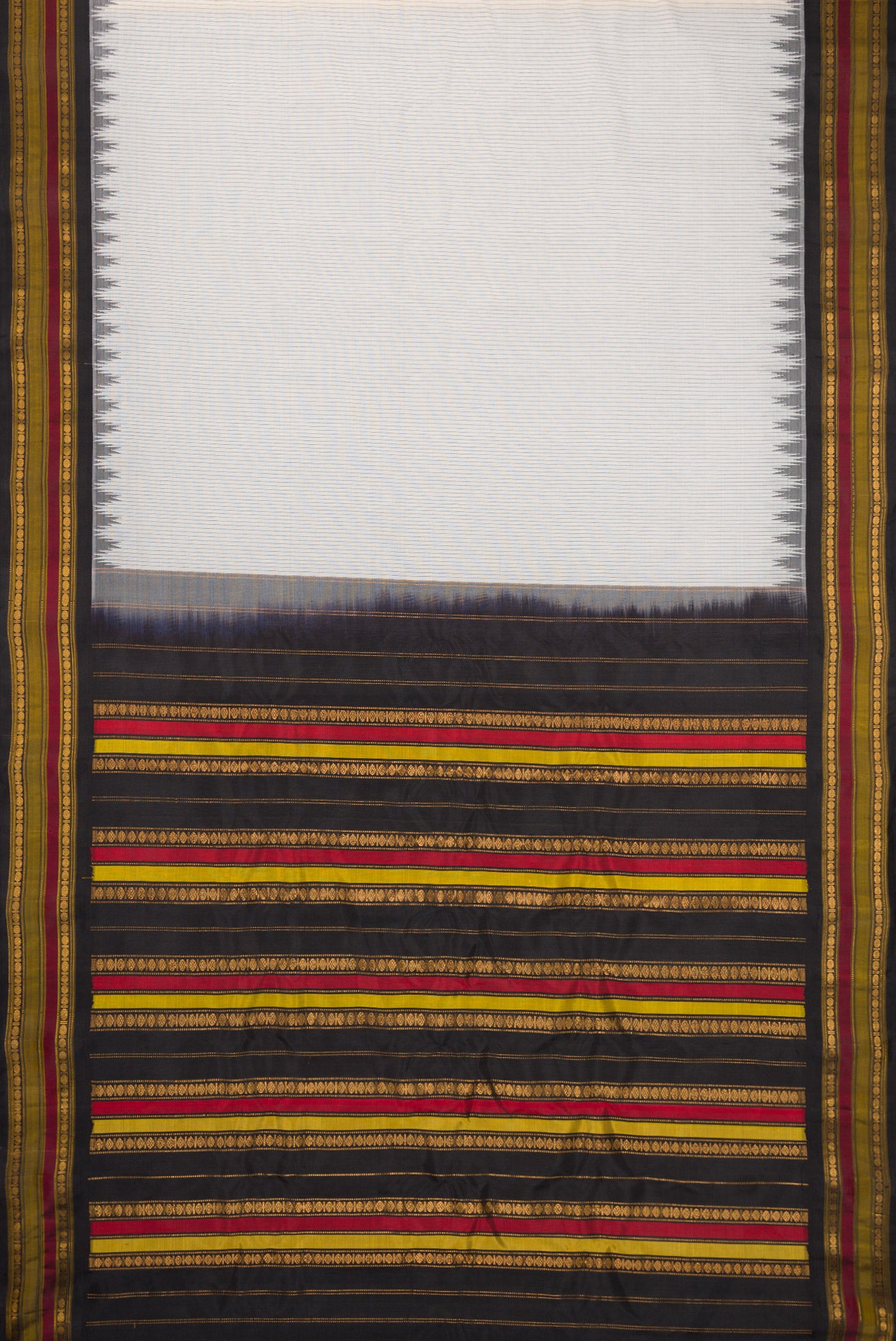 Flat view of White Gadwal Silk Cotton Saree with Stripes on the body and Zari Border. 