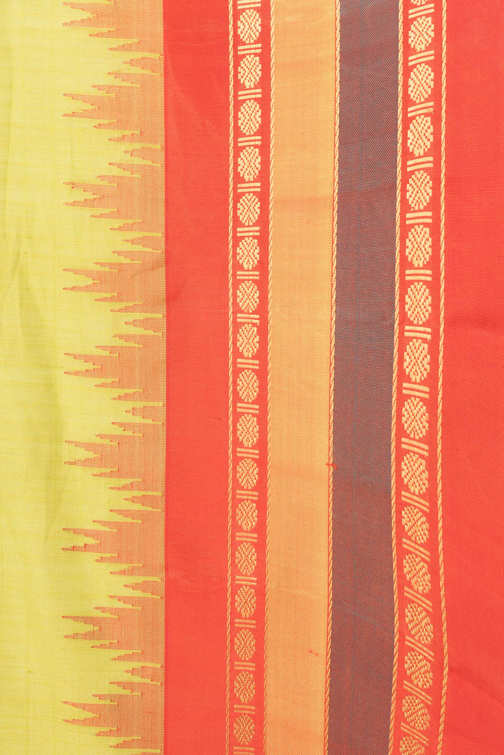 Border image of Parrot Green Dual Tone Gadwal Silk Saree with Checked design on the body and Temple Border. 