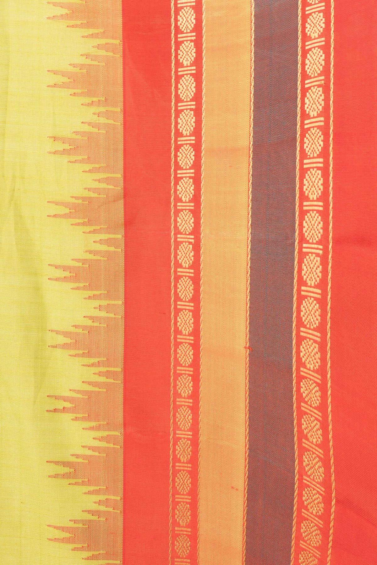 Border image of Parrot Green Dual Tone Gadwal Silk Saree with Checked design on the body and Temple Border. 
