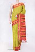 Parrot Green Dual Tone Gadwal Silk Saree with Checked design on the body and Temple Border.  displayed on a mannequin
