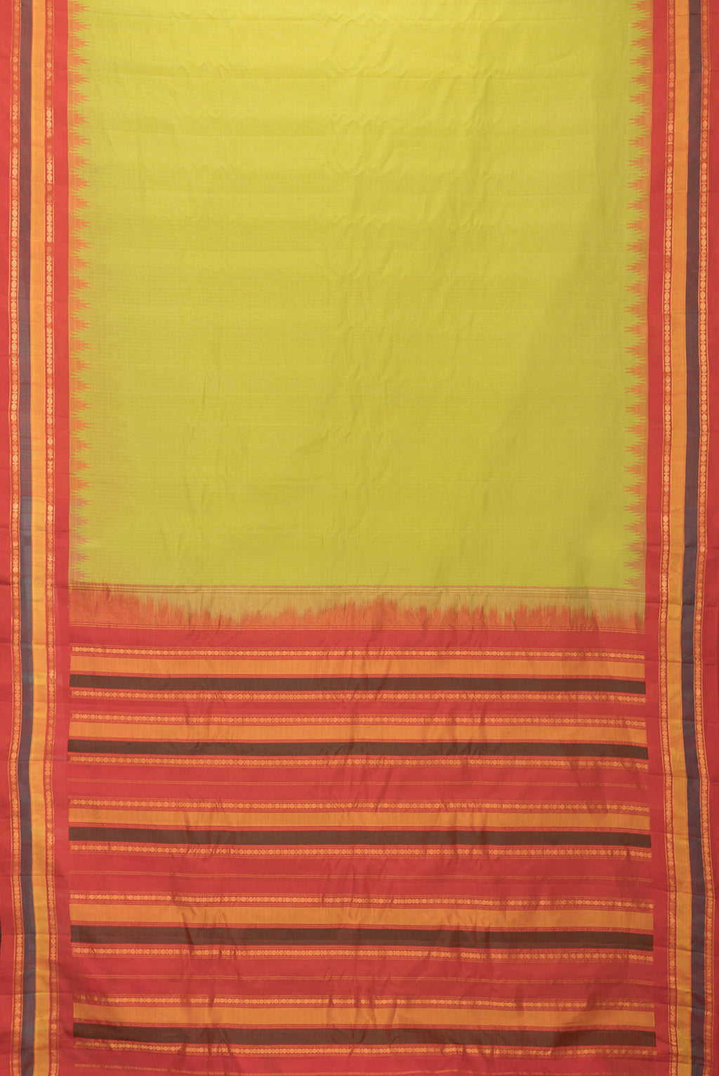 Flat view of Parrot Green Dual Tone Gadwal Silk Saree with Checked design on the body and Temple Border. 