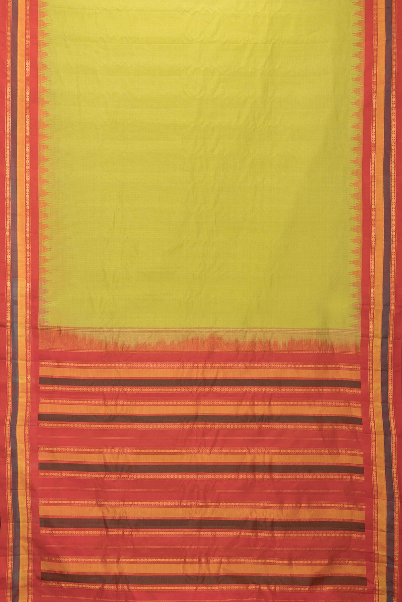 Flat view of Parrot Green Dual Tone Gadwal Silk Saree with Checked design on the body and Temple Border. 
