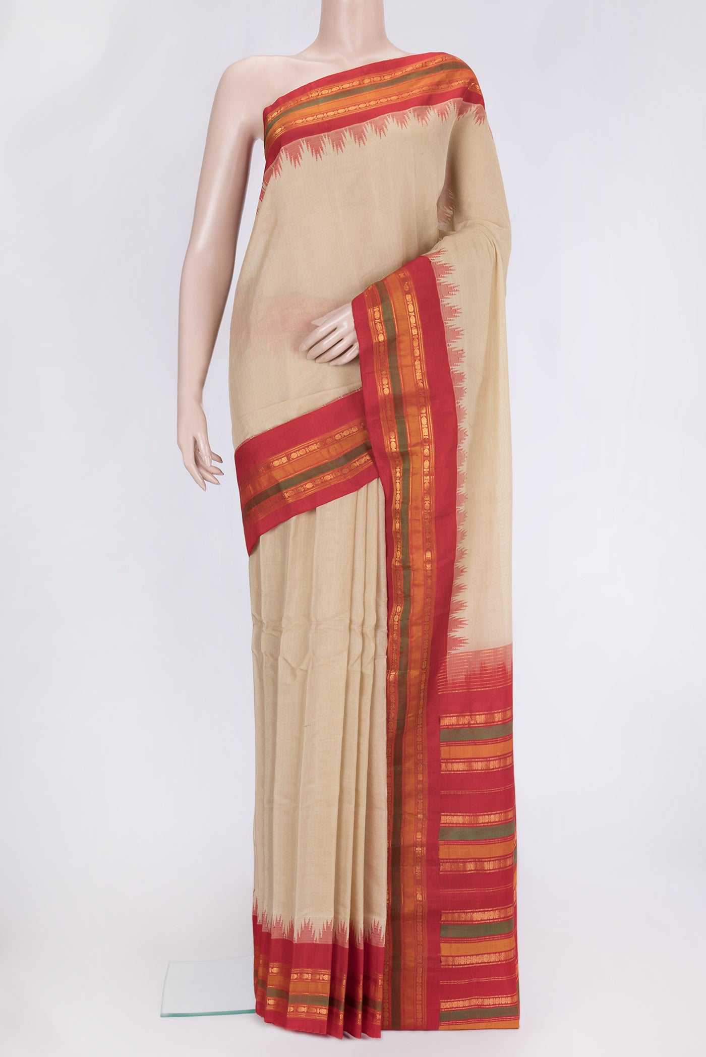 Beige Dual Tone Gadwal Silk Saree with Plain Body and Zari Border.  displayed on a mannequin
