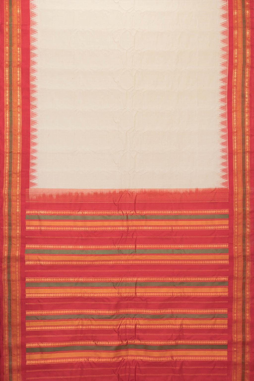 Flat view of Beige Dual Tone Gadwal Silk Saree with Plain Body and Zari Border. 