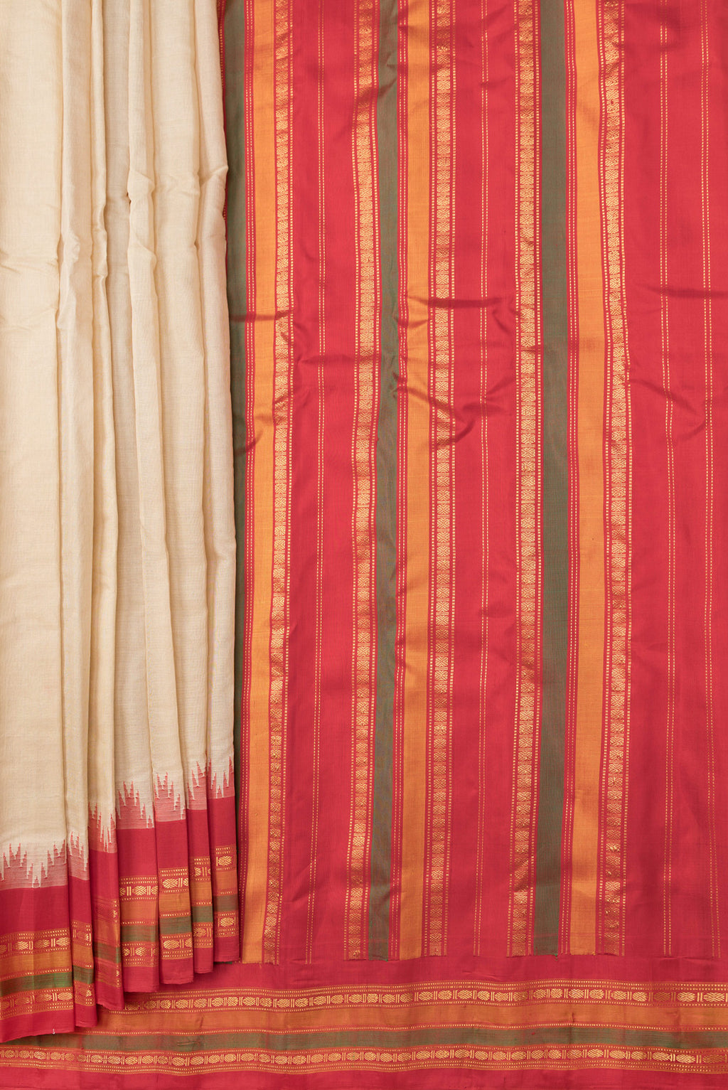 Pleats and pallu of Beige Dual Tone Gadwal Silk Saree with Plain Body and Zari Border. 