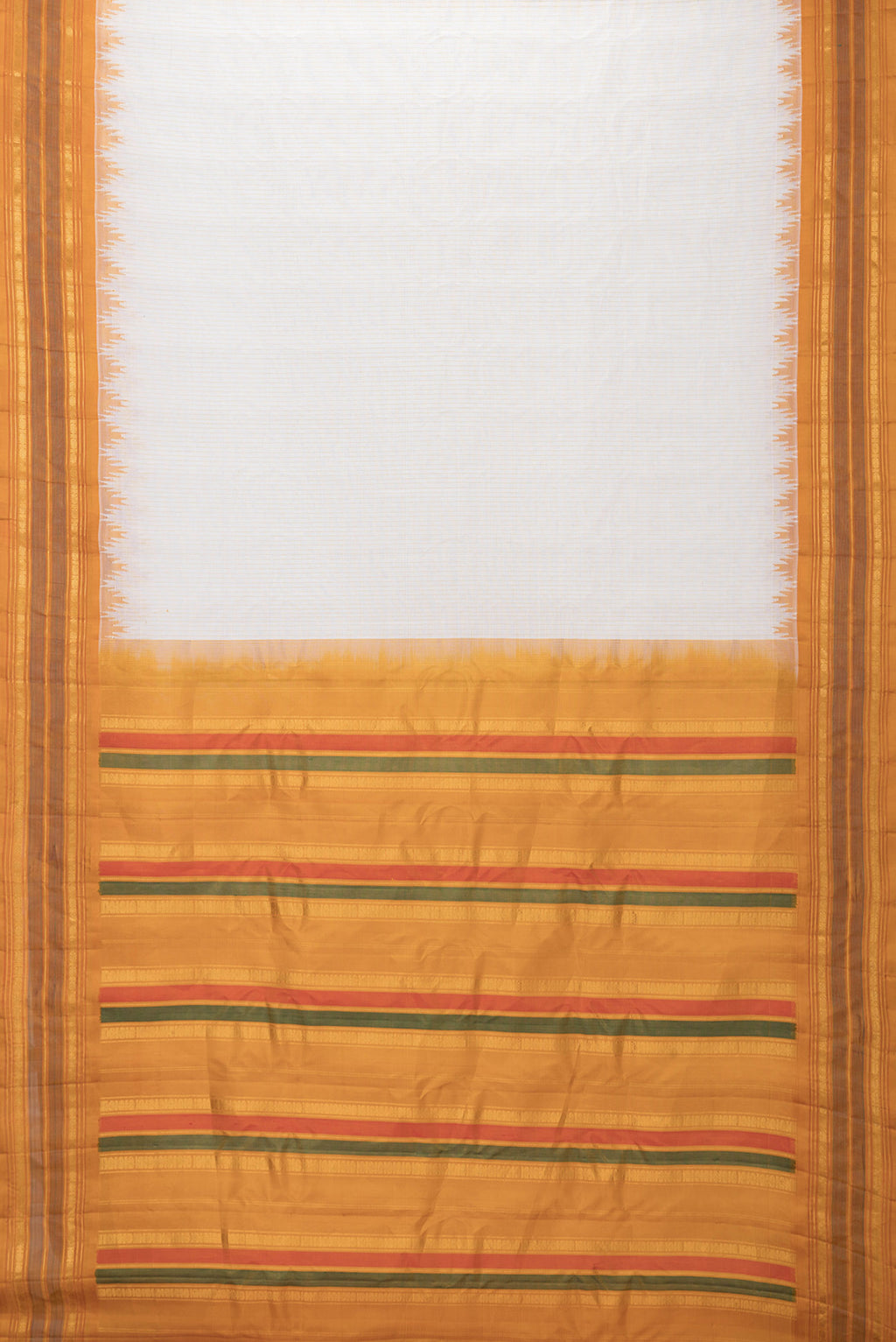 Flat view of Mustard Dual Tone Gadwal Silk Saree with Stripes on the body and Zari Border. 