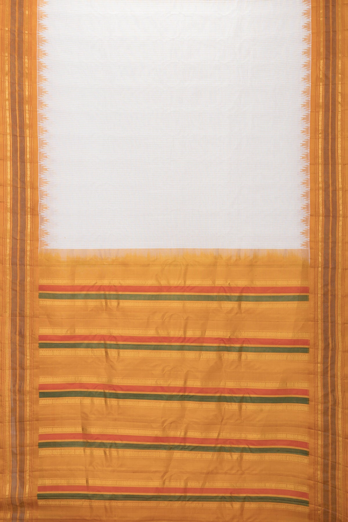 Flat view of Mustard Dual Tone Gadwal Silk Saree with Stripes on the body and Zari Border. 