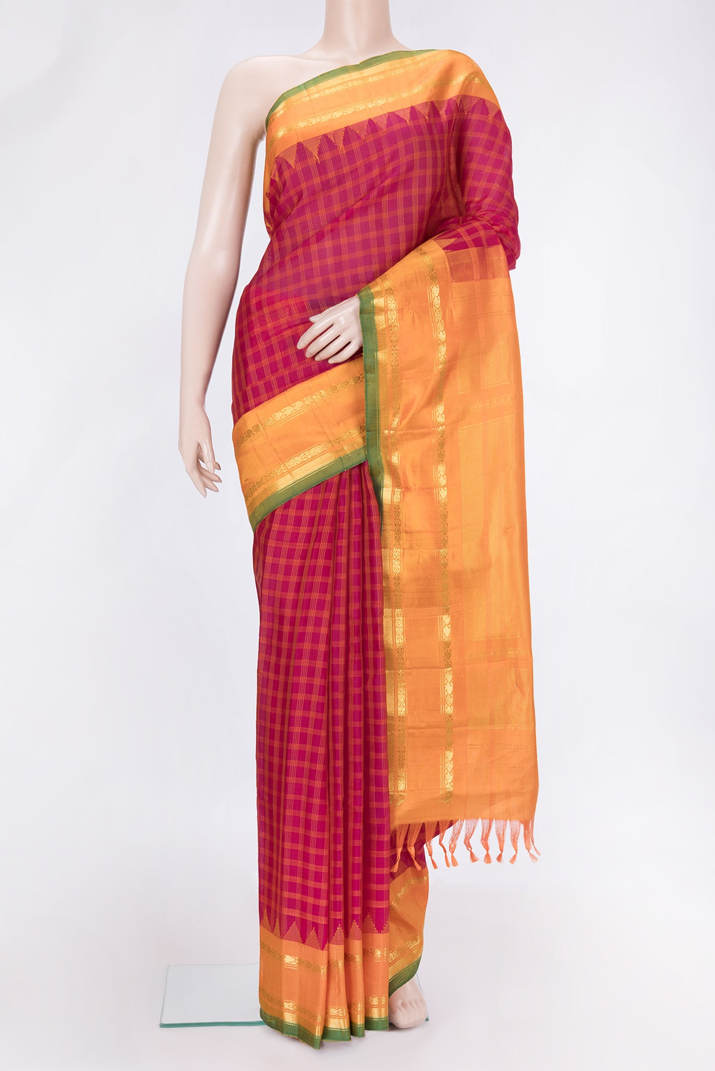 Magenta Dual Tone Gadwal Silk Saree with Checked design on the body and Zari Border.  displayed on a mannequin