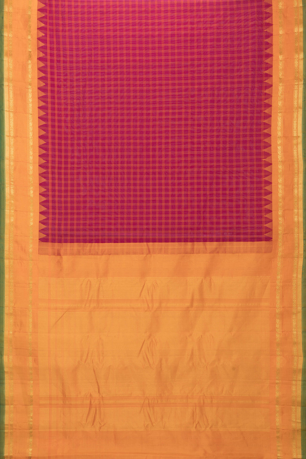 Flat view of Magenta Dual Tone Gadwal Silk Saree with Checked design on the body and Zari Border. 