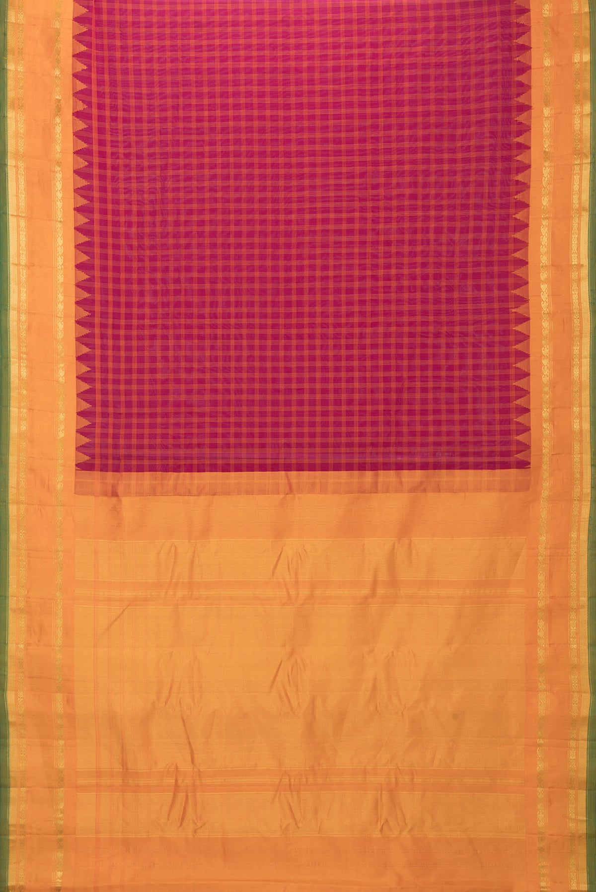 Flat view of Magenta Dual Tone Gadwal Silk Saree with Checked design on the body and Zari Border. 