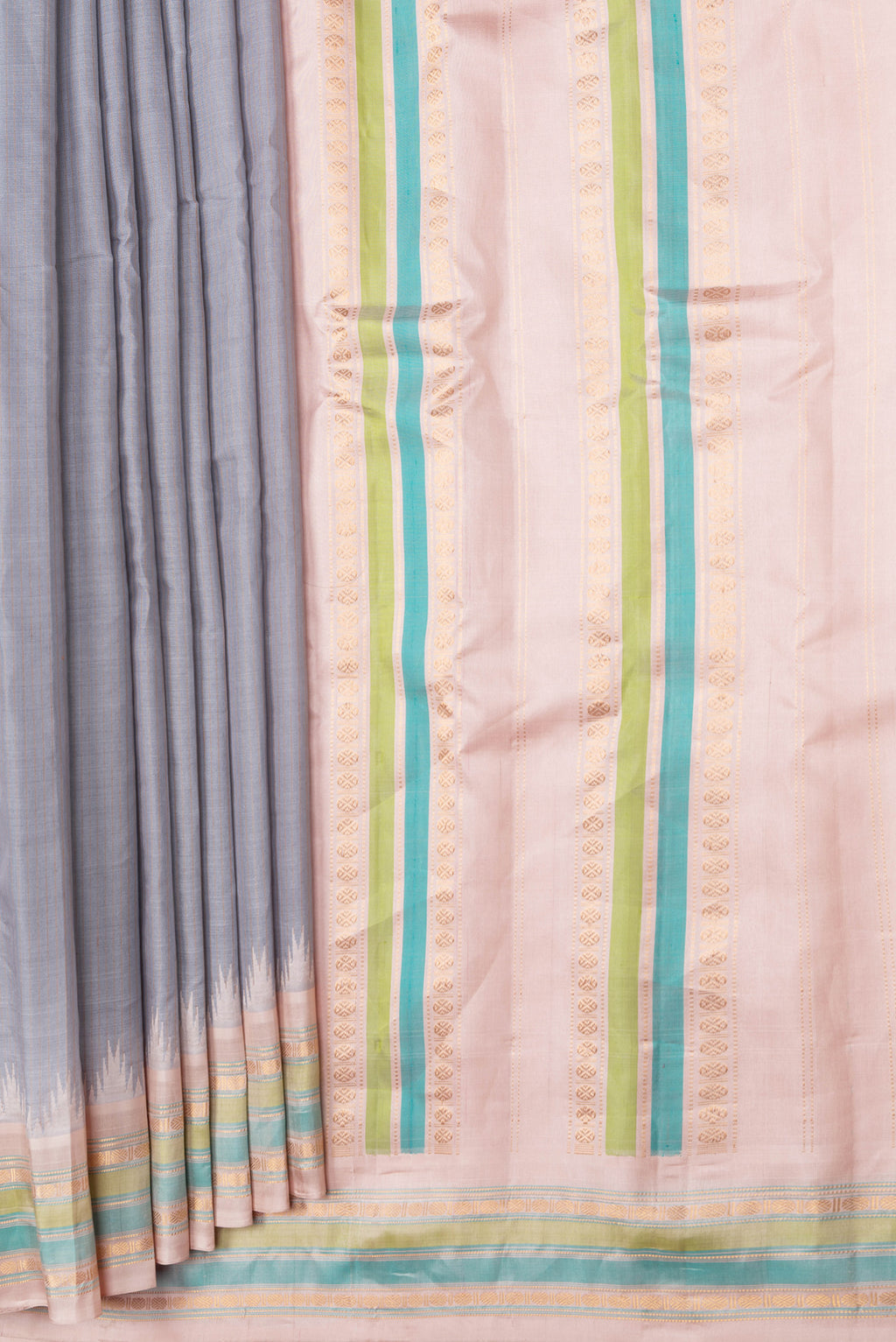Pleats and pallu of Grey Dual Tone Gadwal Silk Saree with Stripes on the body and Zari Border. 