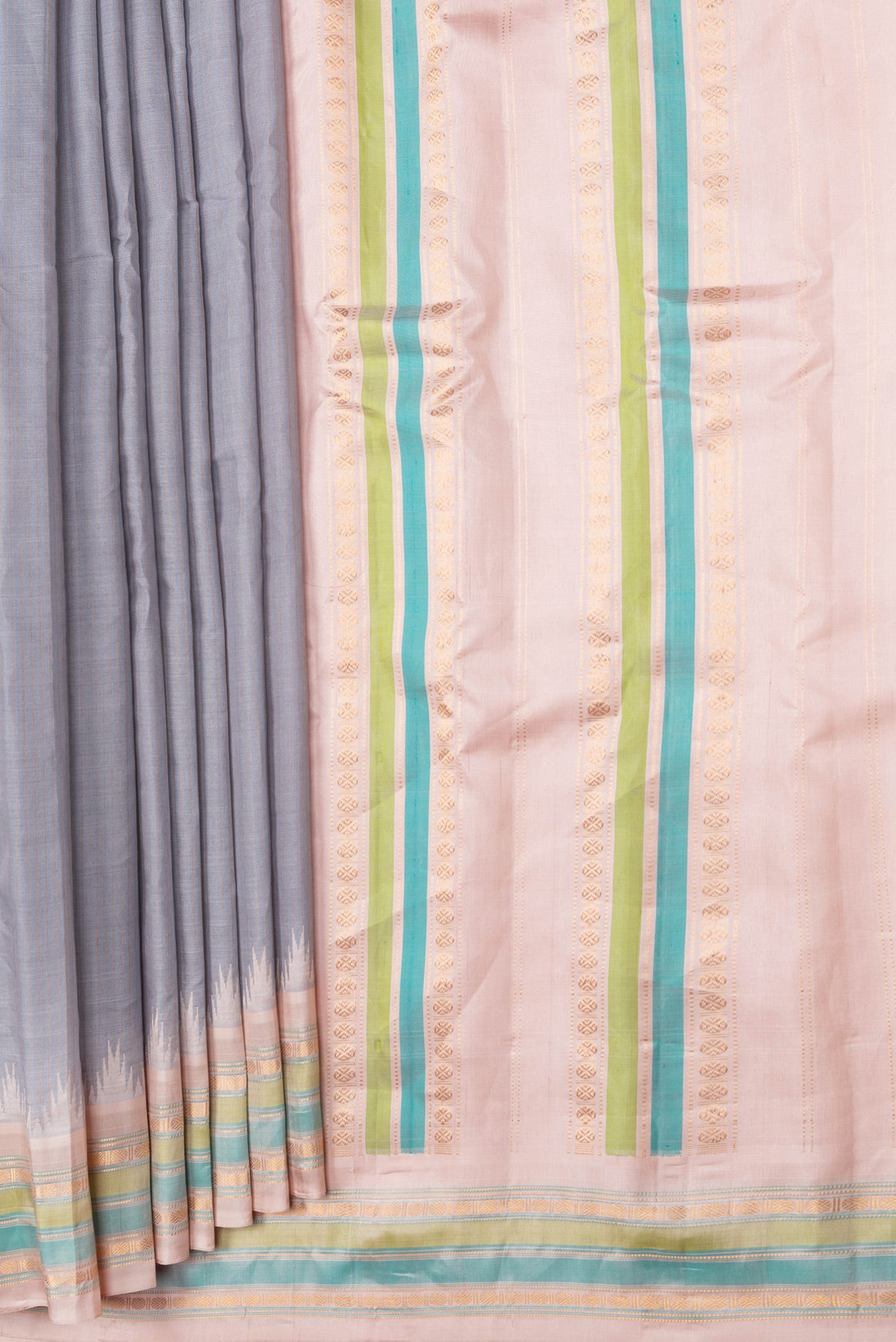 Pleats and pallu of Grey Dual Tone Gadwal Silk Saree with Stripes on the body and Zari Border. 