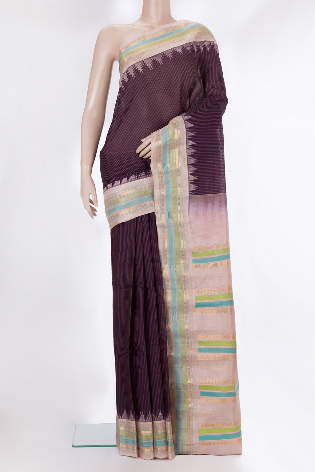 Pure Silk Burgundy Dual Tone Gadwal Saree with Stripes on the body and Zari Border.  displayed on a mannequin