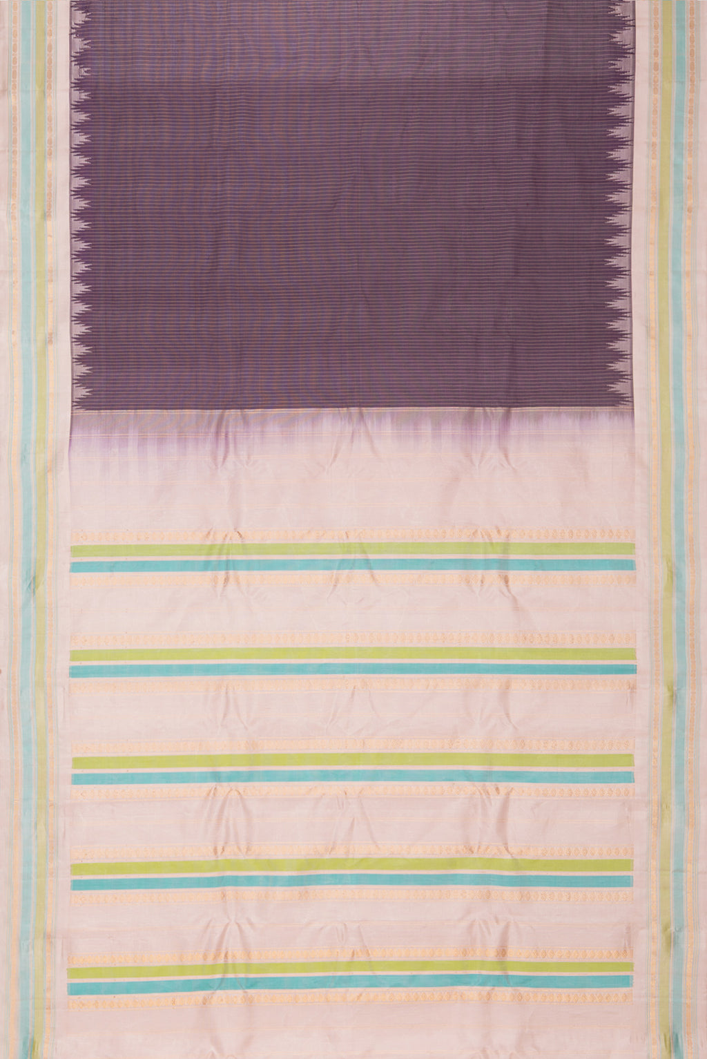 Flat view of Pure Silk Burgundy Dual Tone Gadwal Saree with Stripes on the body and Zari Border. 