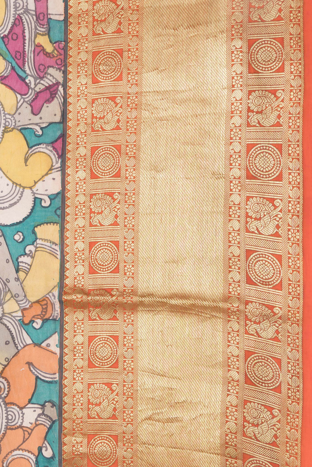 Border image of Rose pink Kanchipuram Silk Saree with kalamkari Print on the body and Zari Border. 