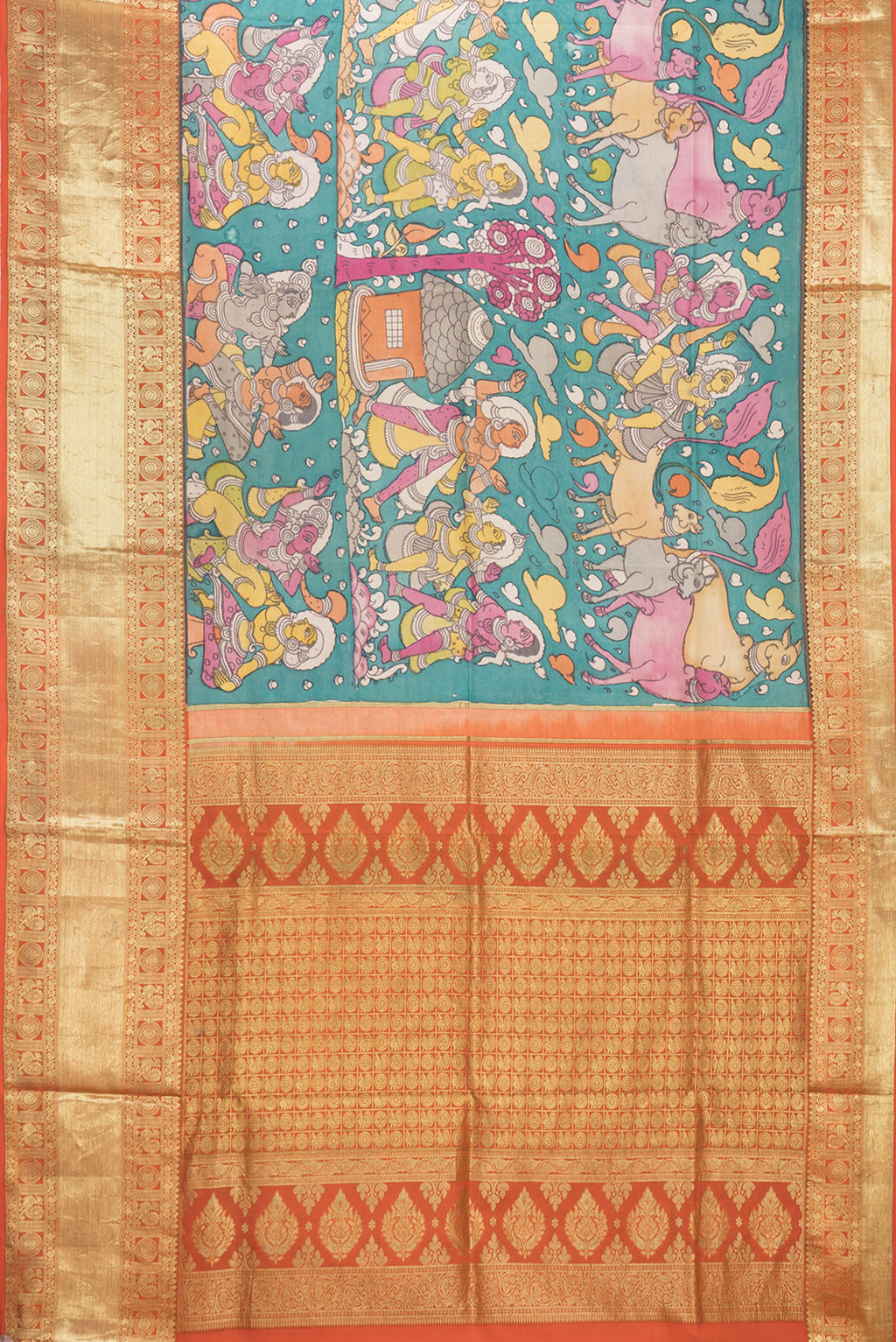 Flat view of Rose pink Kanchipuram Silk Saree with kalamkari Print on the body and Zari Border. 
