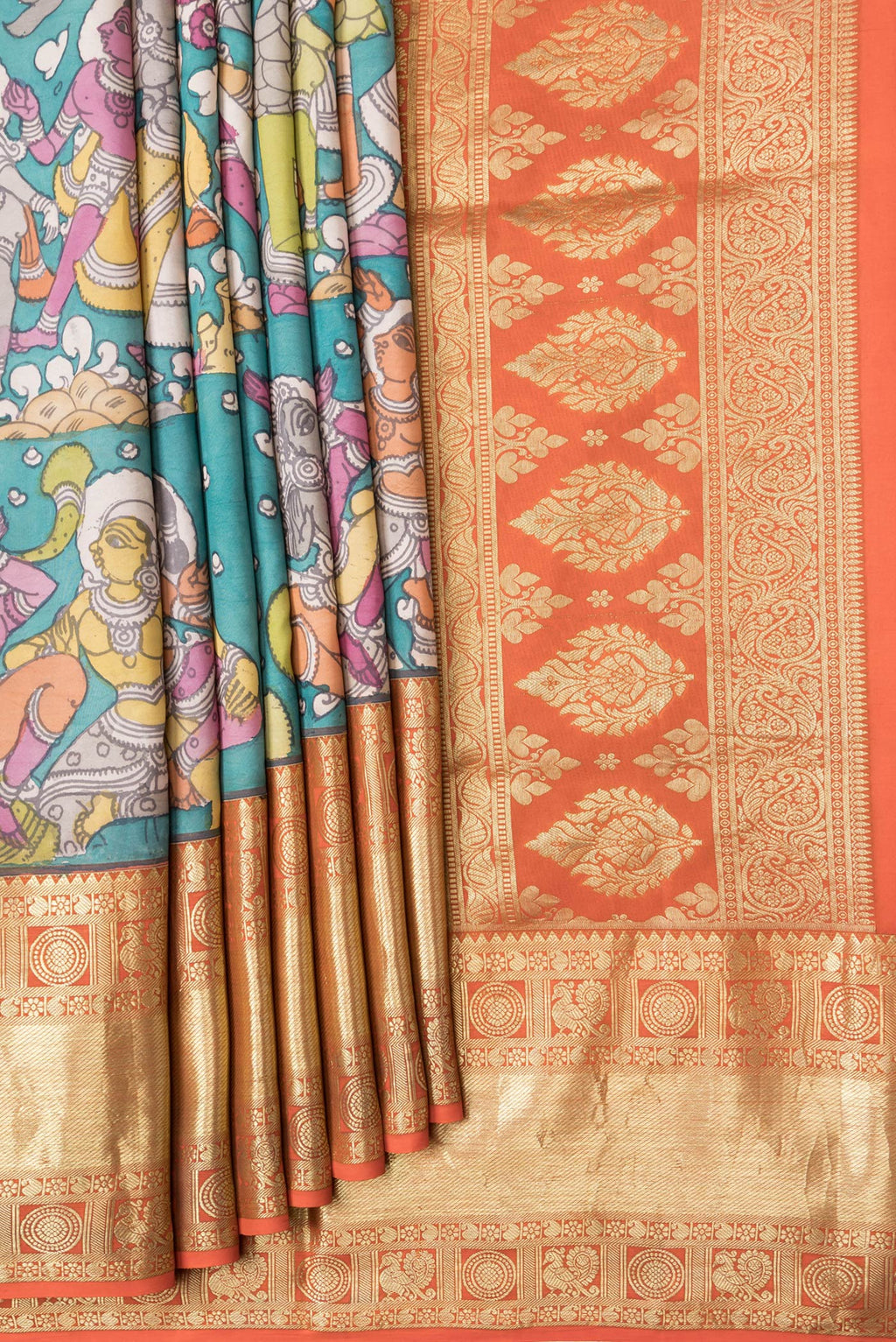 Pleats and pallu of Rose pink Kanchipuram Silk Saree with kalamkari Print on the body and Zari Border. 