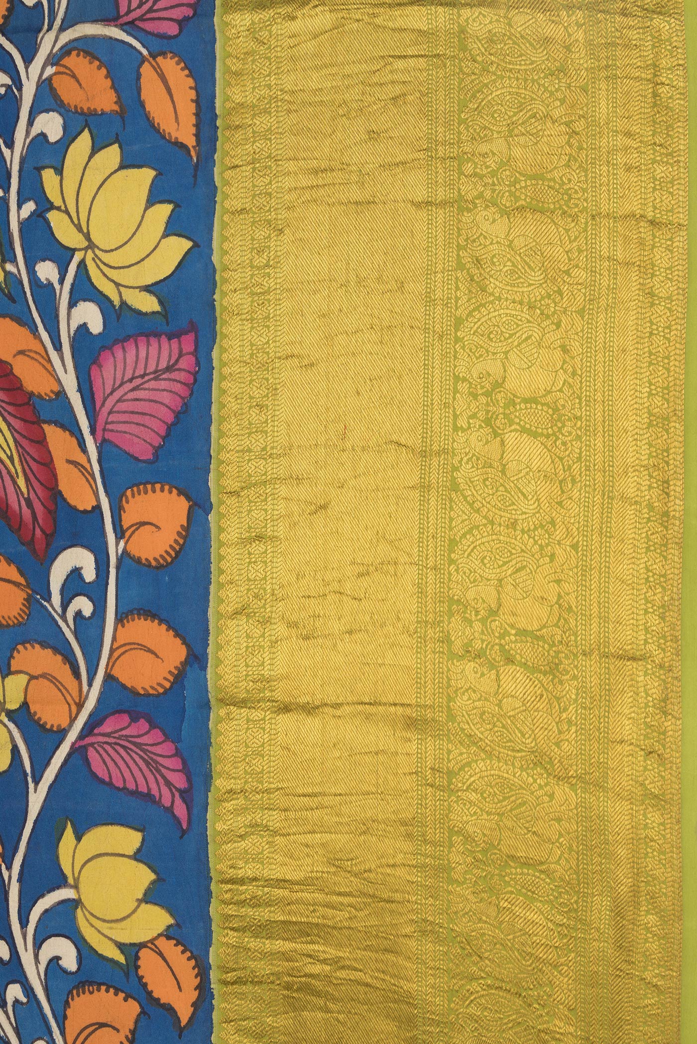 Border image of Peacock Blue Dual Tone Kanchipuram Silk Saree with kalamkari Print on the body and Zari Border. 