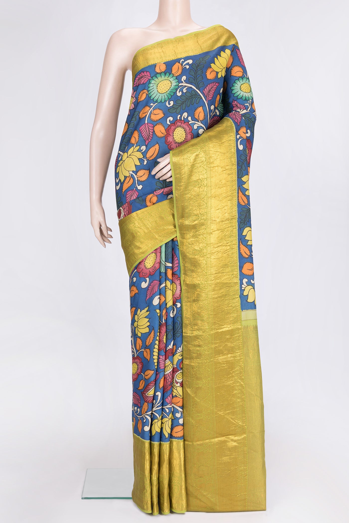 Peacock Blue Dual Tone Kanchipuram Silk Saree with kalamkari Print on the body and Zari Border.  displayed on a mannequin