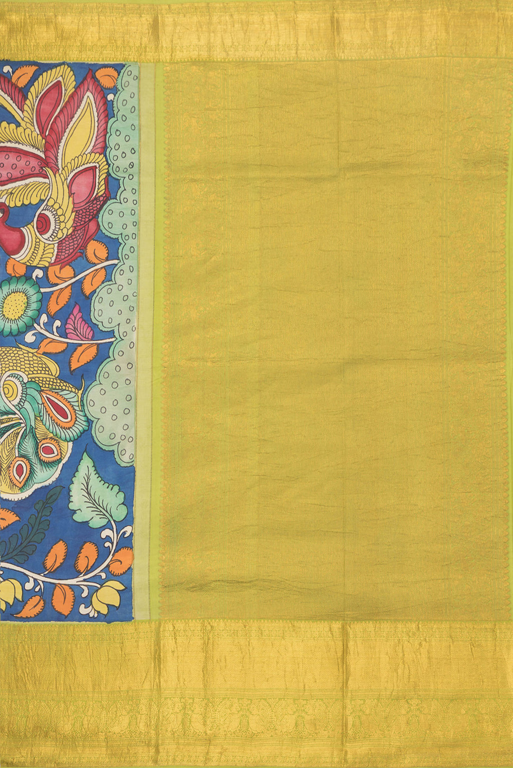 Close up image of the pallu of Peacock Blue Dual Tone Kanchipuram Silk Saree with kalamkari Print on the body and Zari Border. 