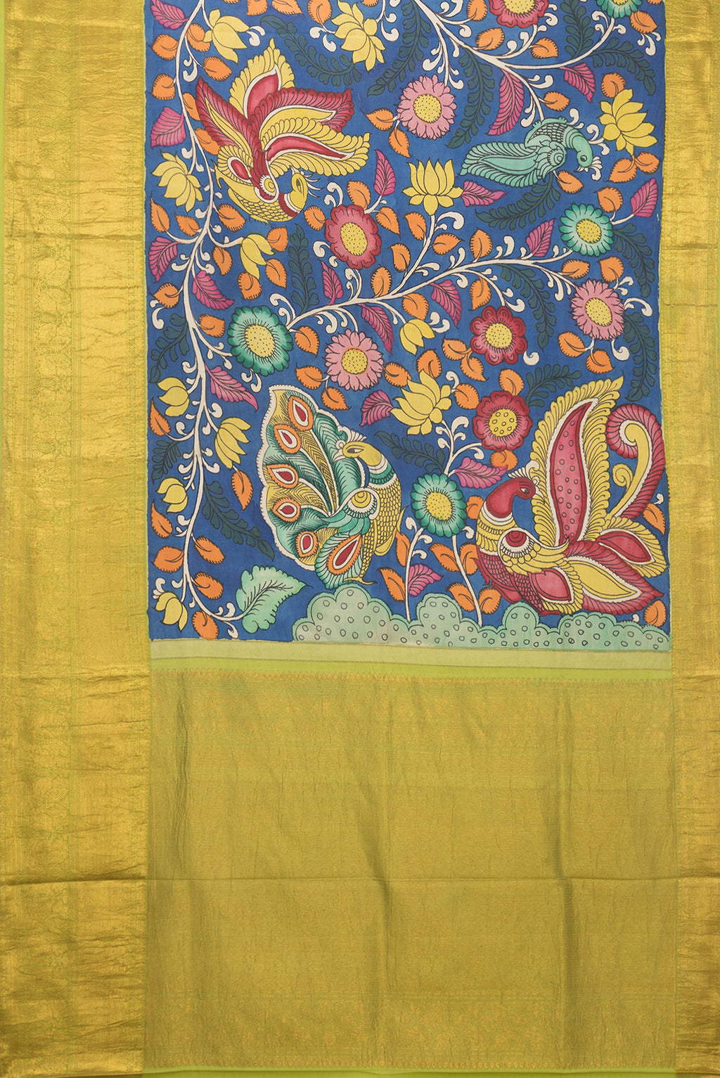 Flat view of Peacock Blue Dual Tone Kanchipuram Silk Saree with kalamkari Print on the body and Zari Border. 