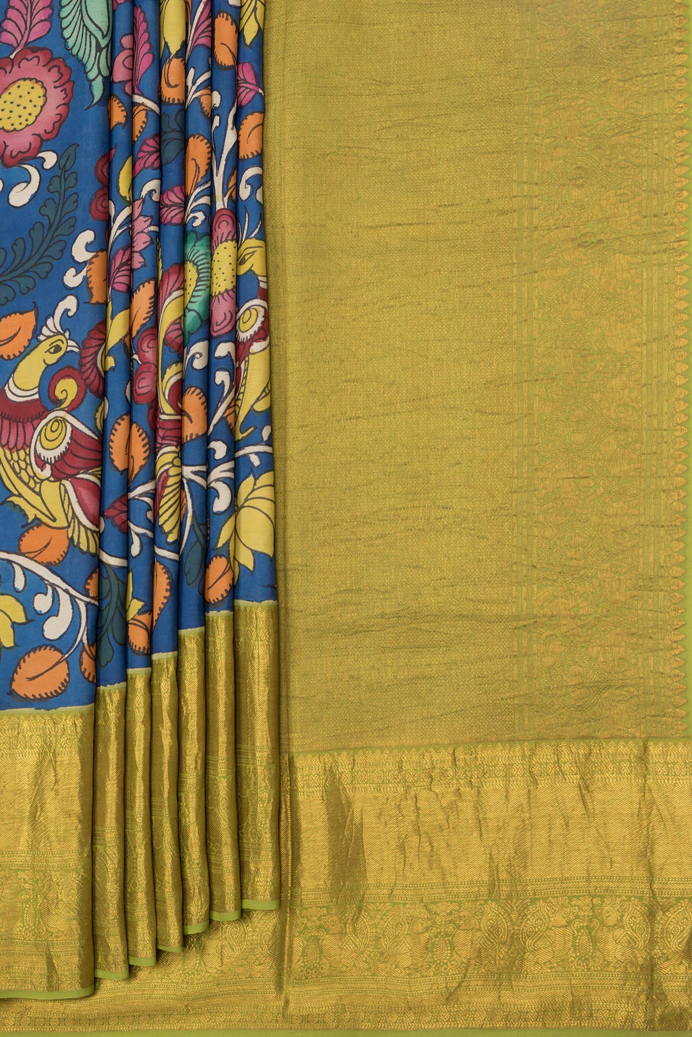Pleats and pallu of Peacock Blue Dual Tone Kanchipuram Silk Saree with kalamkari Print on the body and Zari Border. 
