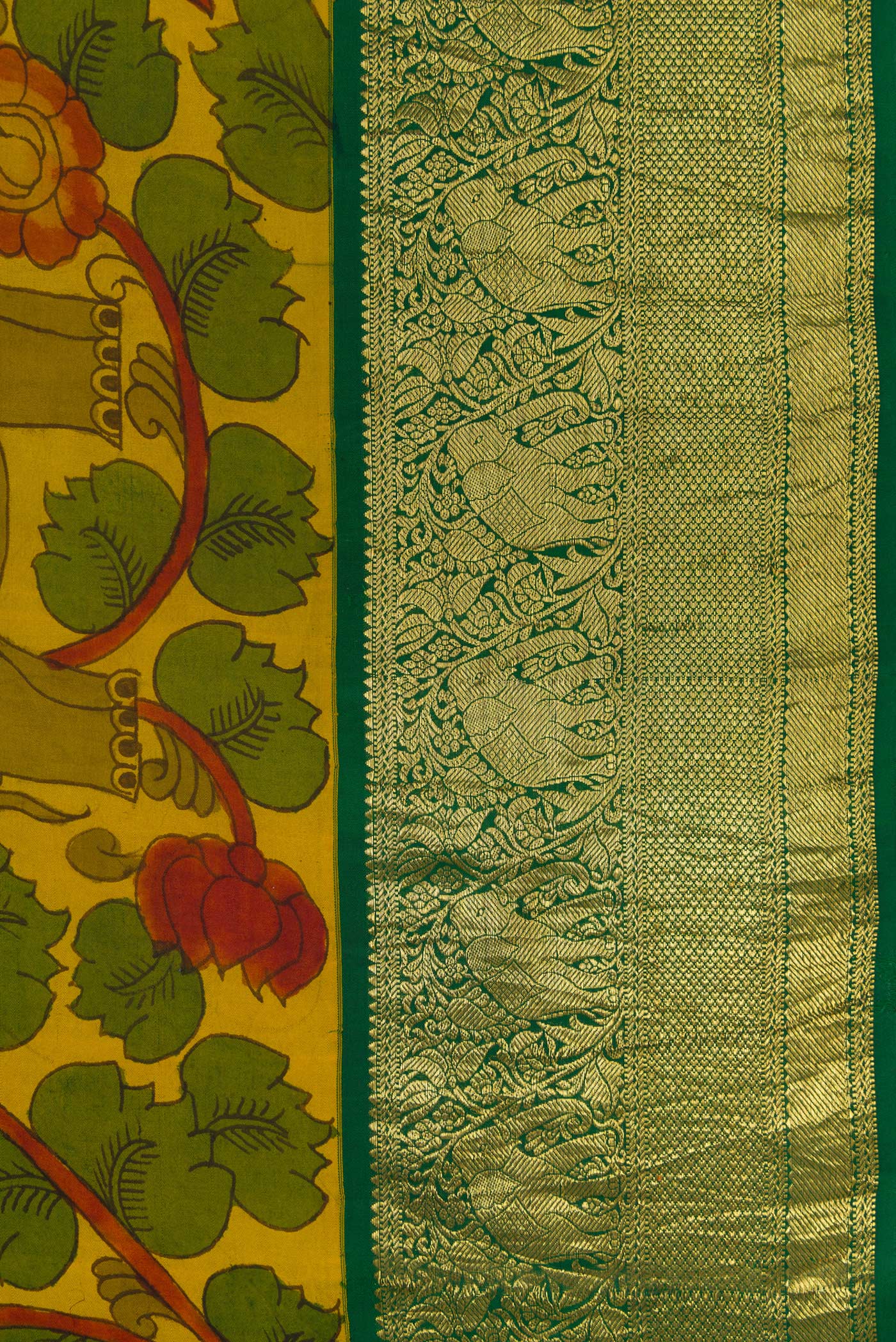 Border image of Mehandi Green Dual Tone Kanchipuram Silk Saree with kalamkari Print on the body and Zari Border. 