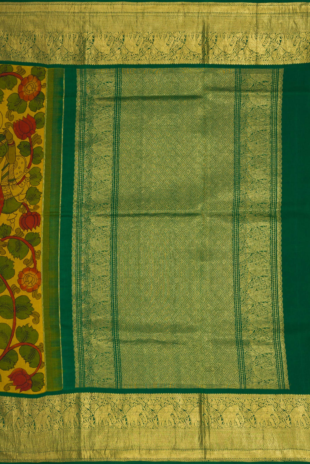 Close up image of the pallu of Mehandi Green Dual Tone Kanchipuram Silk Saree with kalamkari Print on the body and Zari Border. 