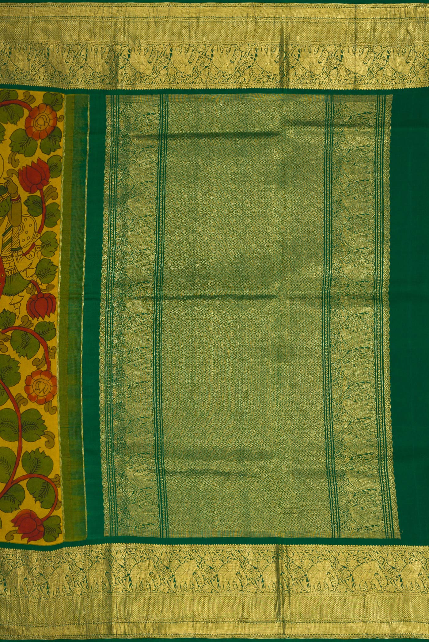 Close up image of the pallu of Mehandi Green Dual Tone Kanchipuram Silk Saree with kalamkari Print on the body and Zari Border. 