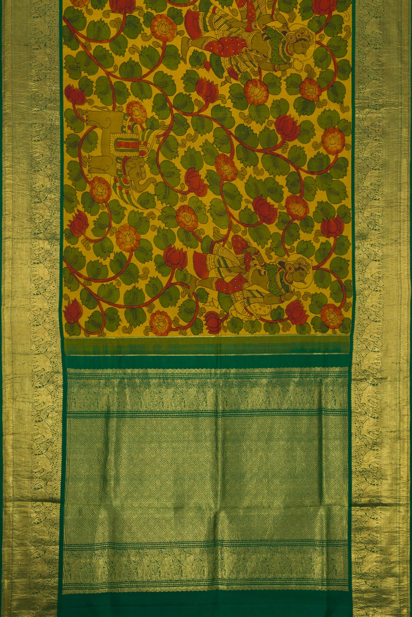 Flat view of Mehandi Green Dual Tone Kanchipuram Silk Saree with kalamkari Print on the body and Zari Border. 