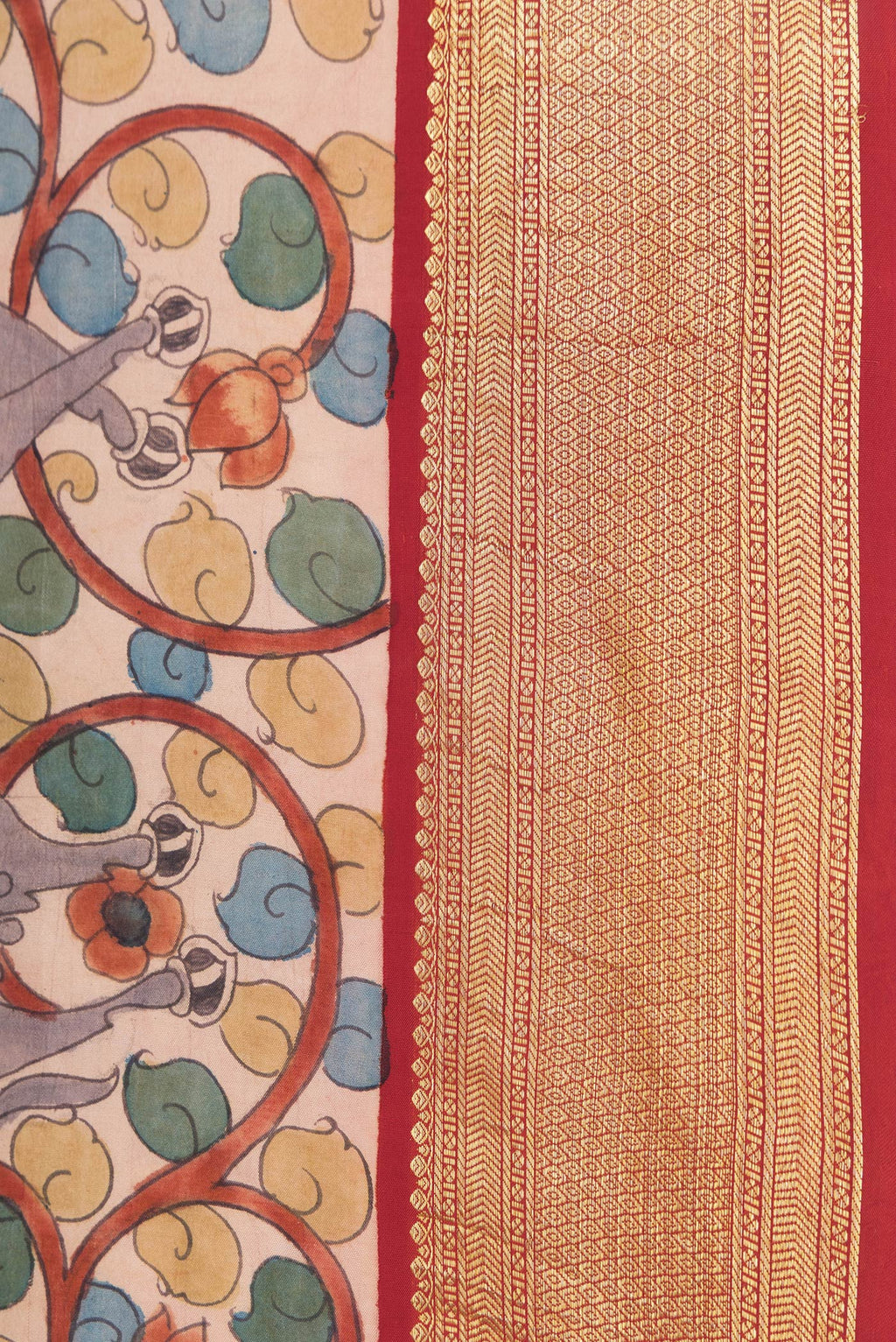 Border image of Beige Dual Tone Kanchipuram Silk Saree with kalamkari Print on the body and Zari Border. 