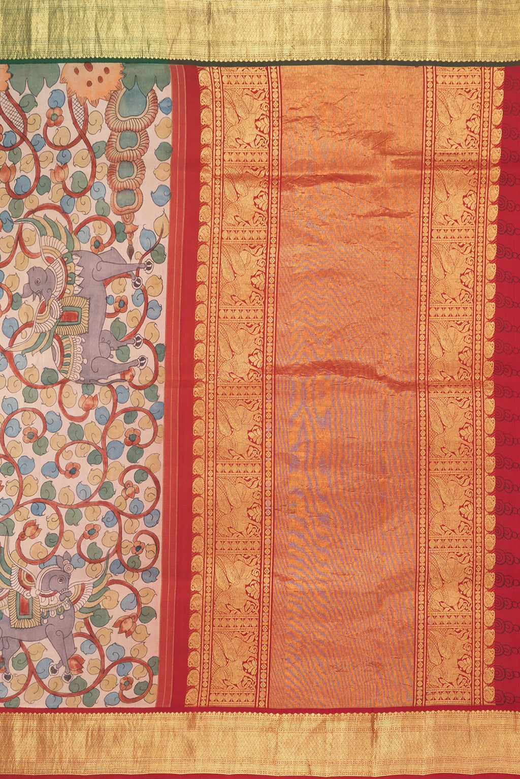 Close up image of the pallu of Beige Dual Tone Kanchipuram Silk Saree with kalamkari Print on the body and Zari Border. 